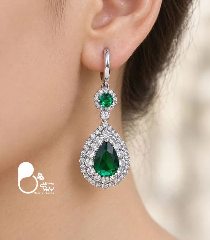 گوشواره زنانه سوفیا سیلور زمردی — تصویر ۲