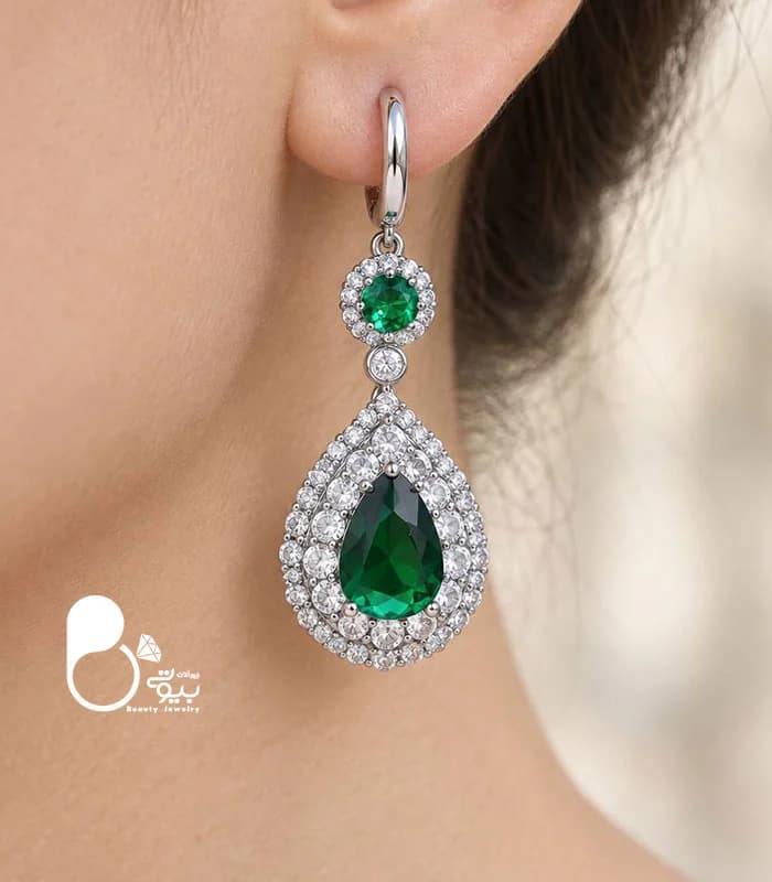 گوشواره زنانه سوفیا سیلور زمردی — تصویر ۳