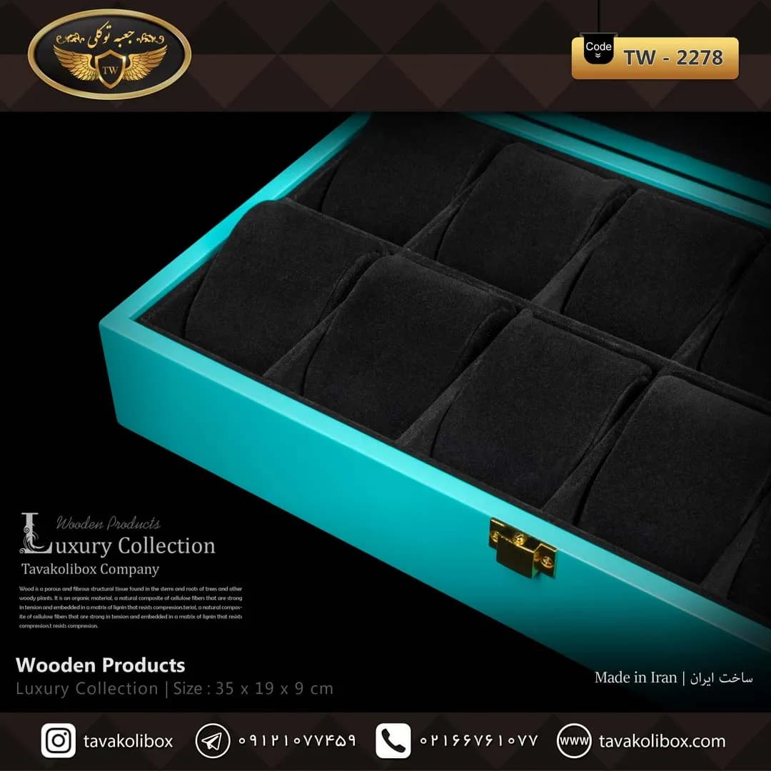 جعبه ساعت 12 خونه لوکس بالشتک لوکس رنگ فیروزه ای مدل : TW-2278 — تصویر ۳