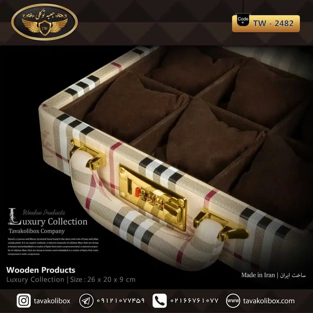 جعبه ساعت 6 خونه سوپرلاکچری درب دار بالشتک معمولی چرم رنگ کرم چارخونه مدل : TW-2482 — تصویر ۳
