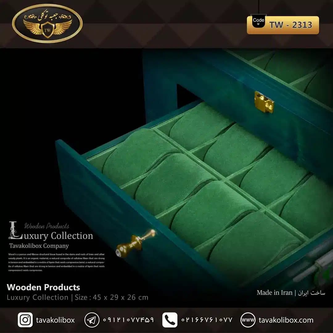 جعبه ساعت 20 خونه کشودار بالشتک لوکس چوب طبیعی رنگ سبز مدل : TW-2313 — تصویر ۴