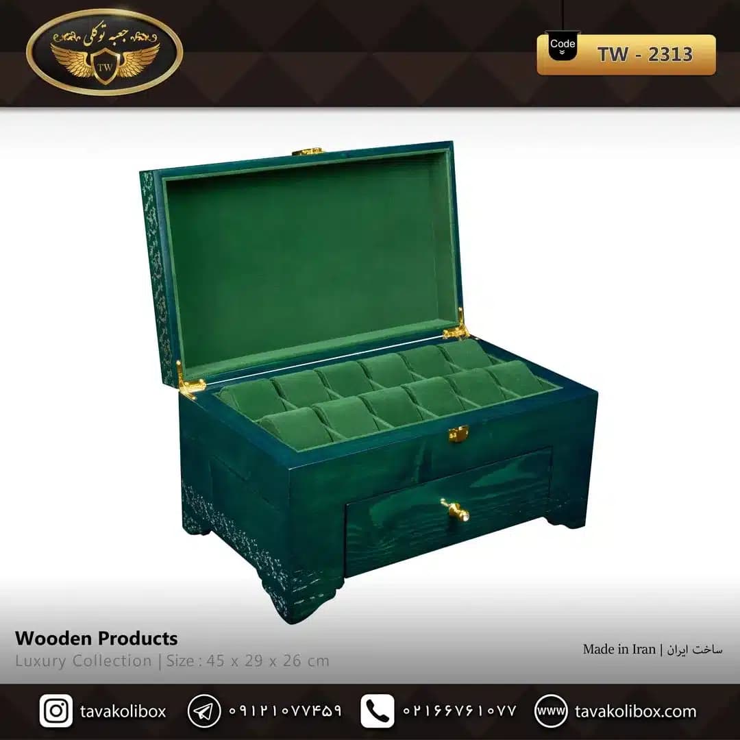 جعبه ساعت 20 خونه کشودار بالشتک لوکس چوب طبیعی رنگ سبز مدل : TW-2313 — تصویر ۲