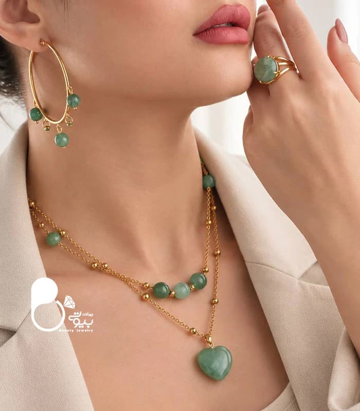 ست زنانه دو لاین زمردی سنگ طبیعی اونتورین — تصویر ۳