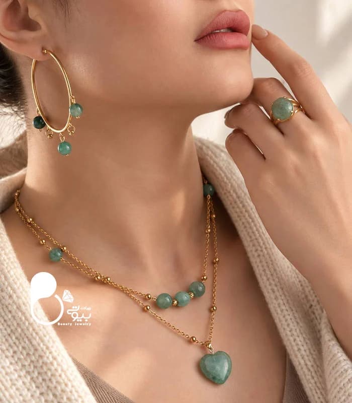 ست زنانه دو لاین زمردی سنگ طبیعی اونتورین