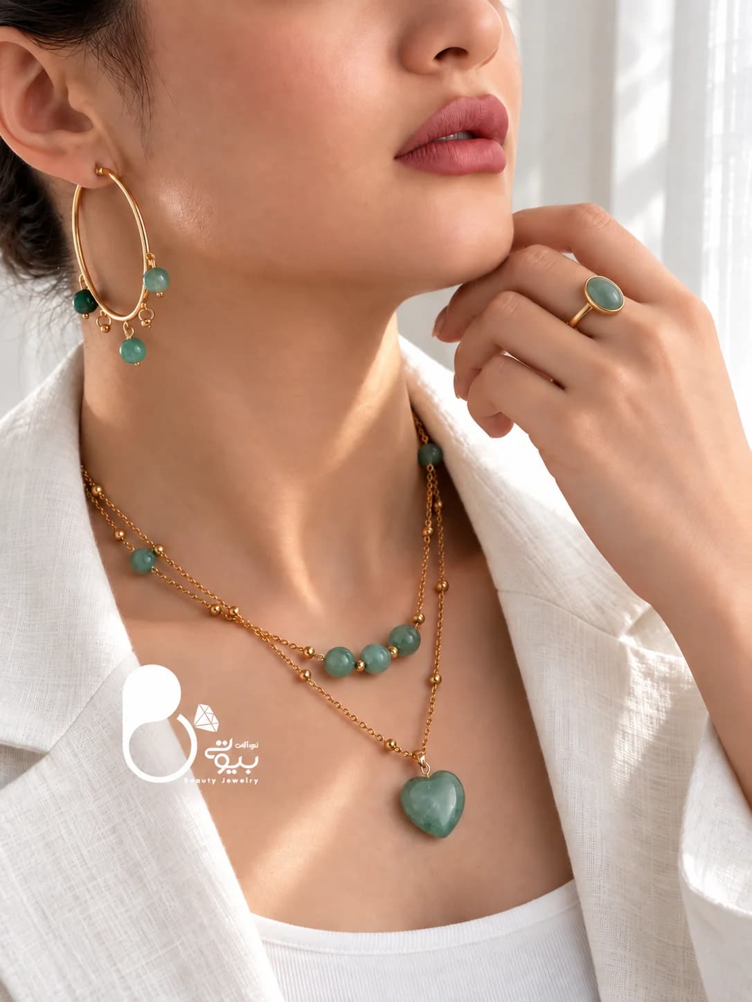 ست زنانه دو لاین زمردی سنگ طبیعی اونتورین — تصویر ۸