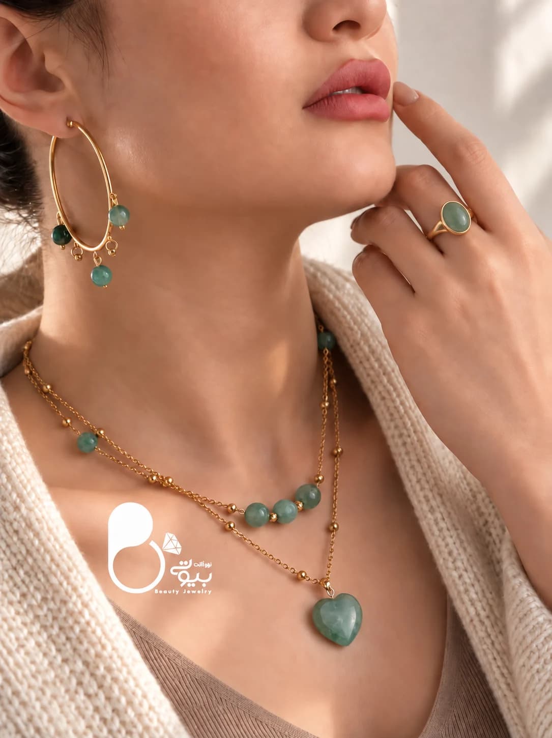 ست زنانه دو لاین زمردی سنگ طبیعی اونتورین — تصویر ۶