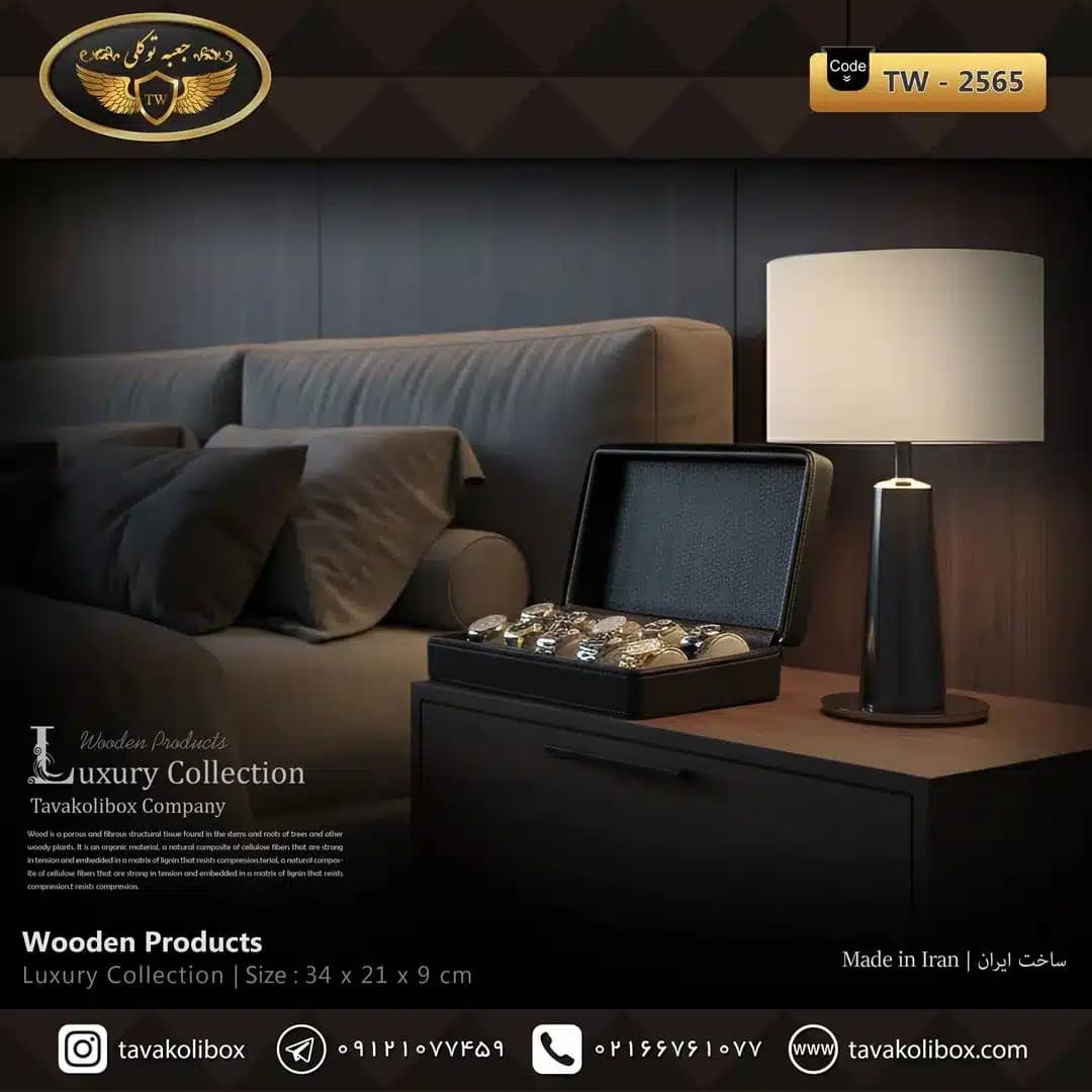 جعبه ساعت 10 خونه سوپرلاکچری زیپدار بالشتک لوکس چرم رنگ مشکی مدل : TW-2565 — تصویر ۳
