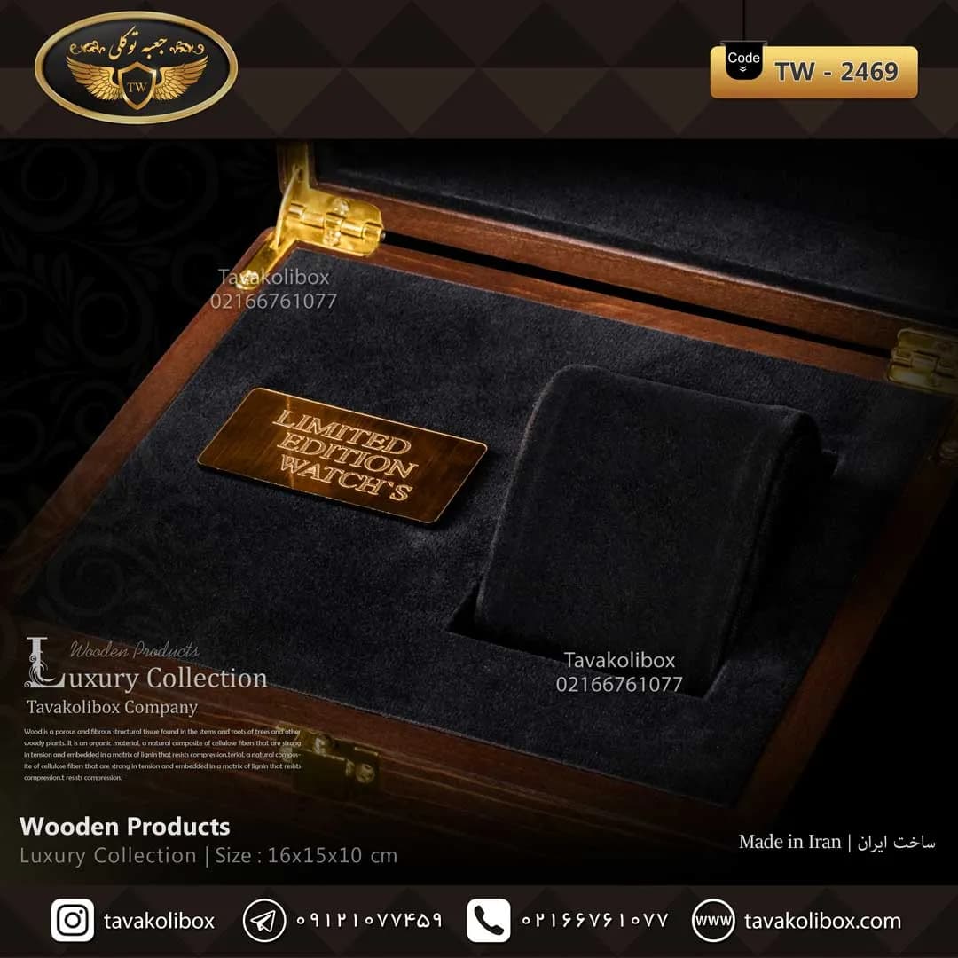 جعبه ساعت 1 خونه لوکس درب دار بالشتک لوکس چوب طبیعی رنگ قهوه ای مدل : TW-2469 — تصویر ۳