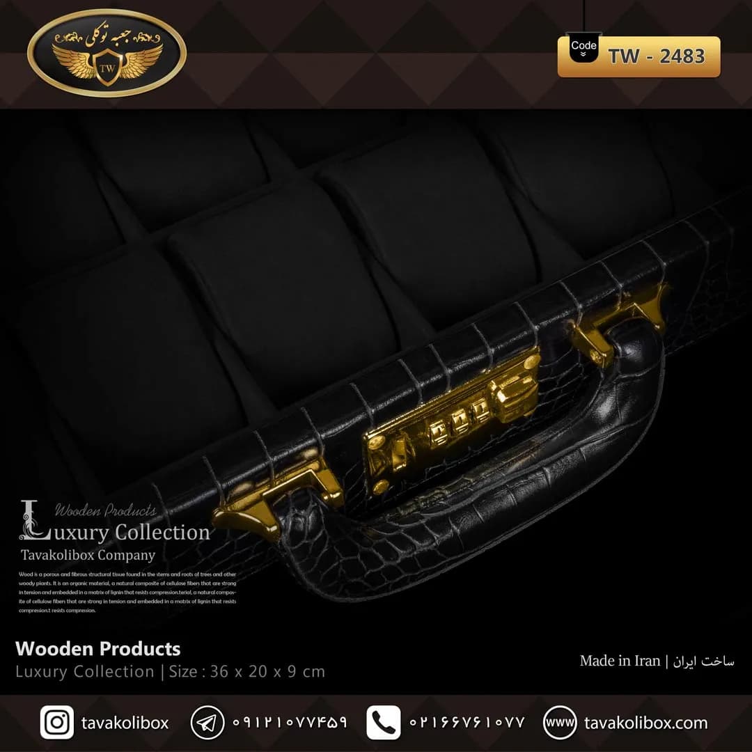 جعبه ساعت 12 خونه سوپرلاکچری درب دار بالشتک لوکس چرم رنگ مشکی مدل : TW-2483 — تصویر ۳