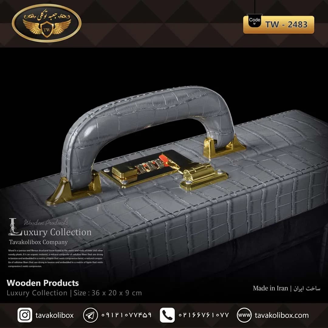 جعبه ساعت 12 خونه سوپرلاکچری درب دار بالشتک لوکس چرم رنگ طوسی مدل : TW-2483 — تصویر ۴