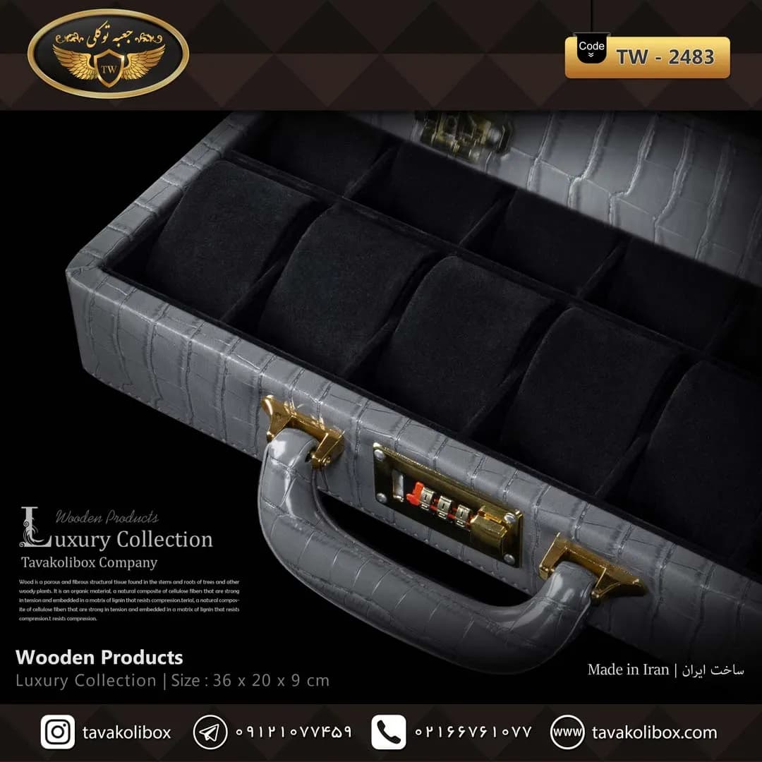 جعبه ساعت 12 خونه سوپرلاکچری درب دار بالشتک لوکس چرم رنگ طوسی مدل : TW-2483 — تصویر ۳