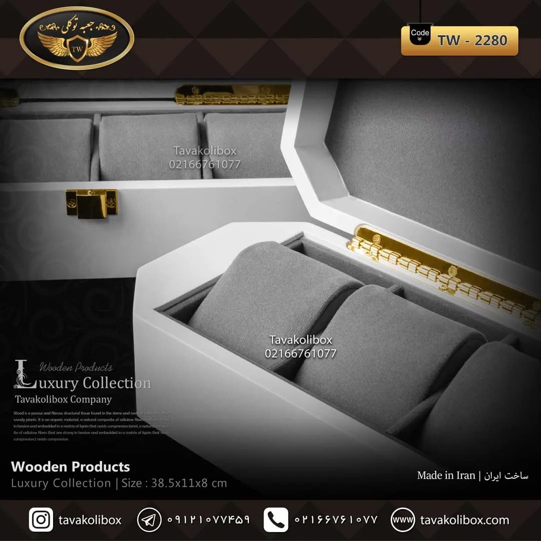 جعبه ساعت 6 خونه لوکس درب شیشه ای 8 ضلعی بالشتک لوکس رنگ سفید مدل : TW-2280 — تصویر ۴