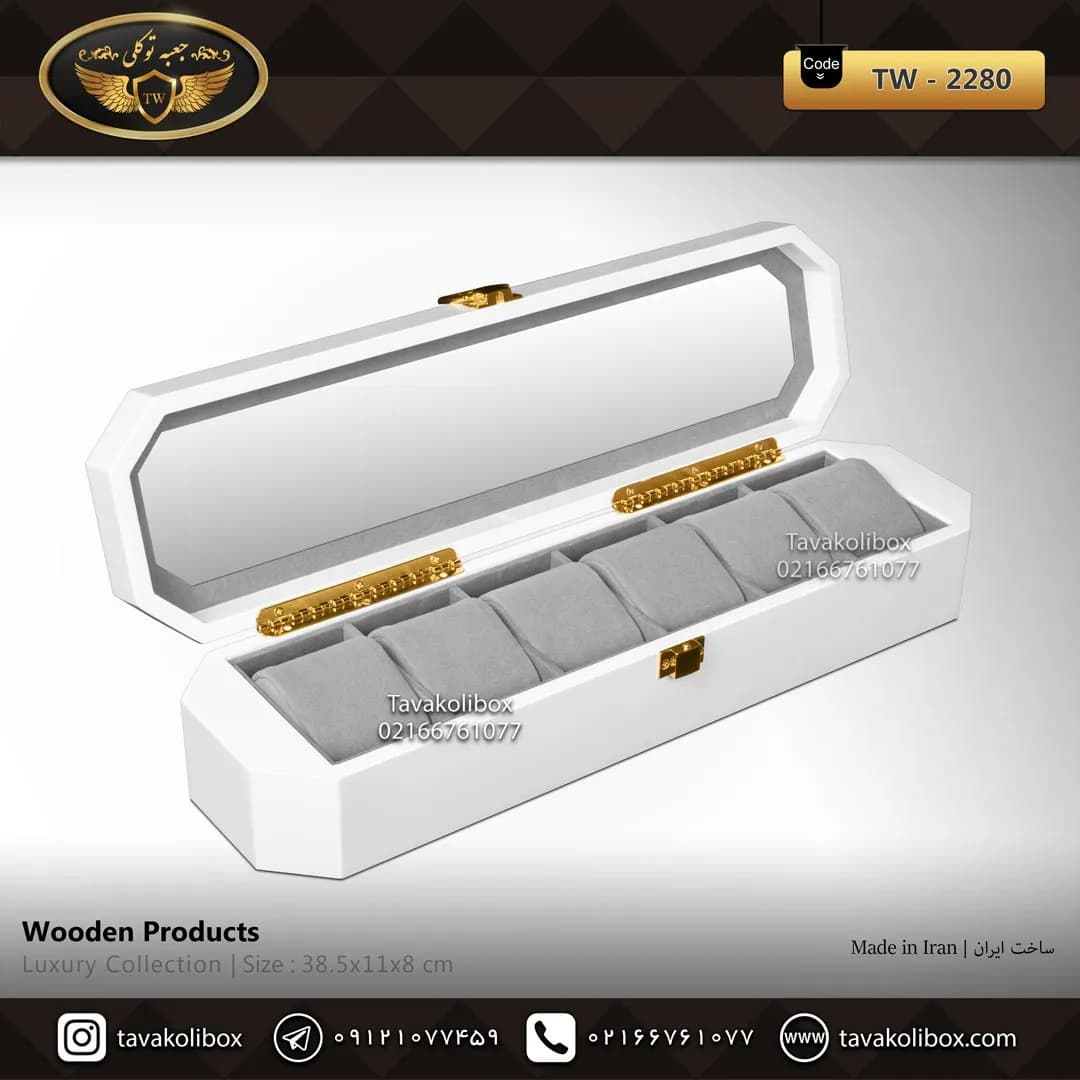 جعبه ساعت 6 خونه لوکس درب شیشه ای 8 ضلعی بالشتک لوکس رنگ سفید مدل : TW-2280 — تصویر ۲