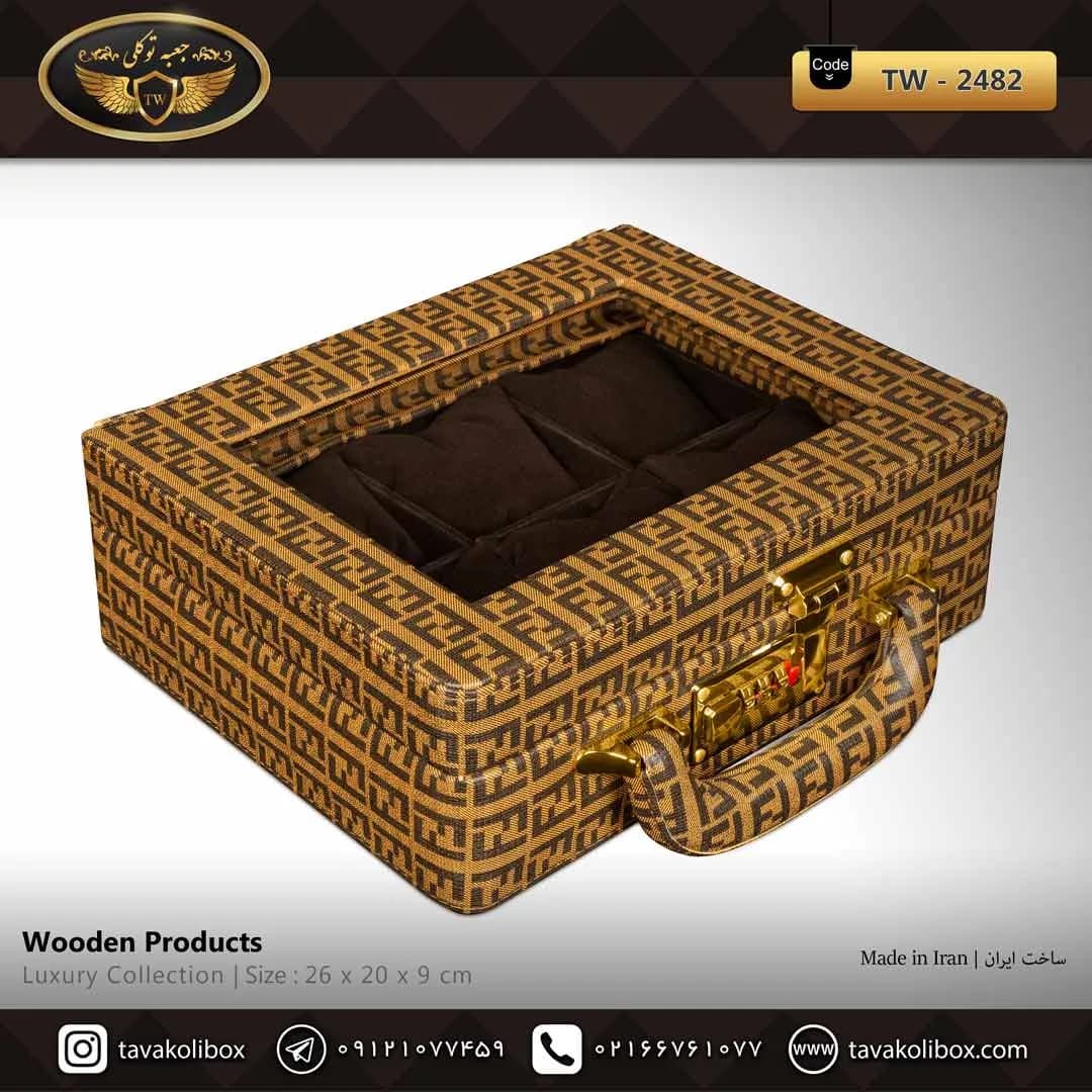 جعبه ساعت 6 خونه سوپرلاکچری درب دار بالشتک معمولی چرم رنگ خردلی مدل : TW-2482