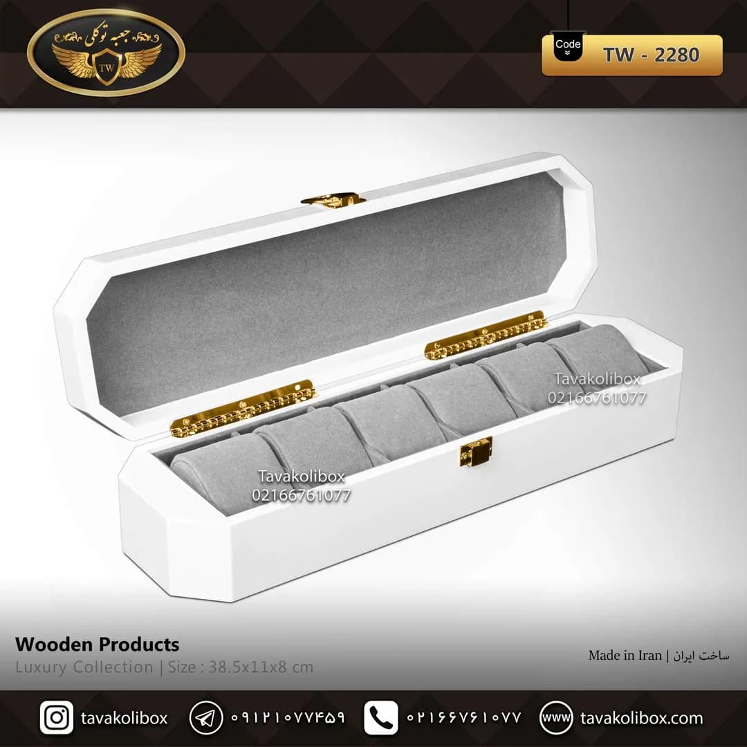 جعبه ساعت 6 خونه لوکس 8 ضلعی بالشتک لوکس رنگ سفید مدل : TW-2280 — تصویر ۲