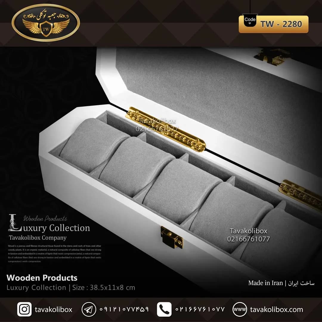 جعبه ساعت 6 خونه لوکس 8 ضلعی بالشتک لوکس رنگ سفید مدل : TW-2280 — تصویر ۳
