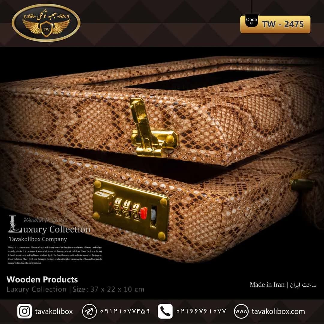 جعبه ساعت 12 خونه سوپرلاکچری درب دار بالشتک لوکس چرم رنگ شتری مدل : TW-2483 — تصویر ۵
