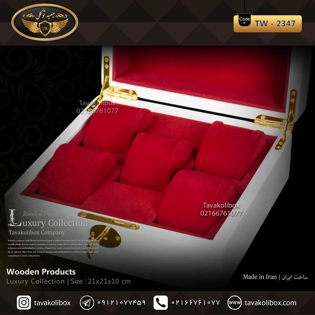 جعبه ساعت 5 خونه درب دار بالشتک لوکس کلیددار رنگ سفید مدل : TW-2347 — تصویر ۳