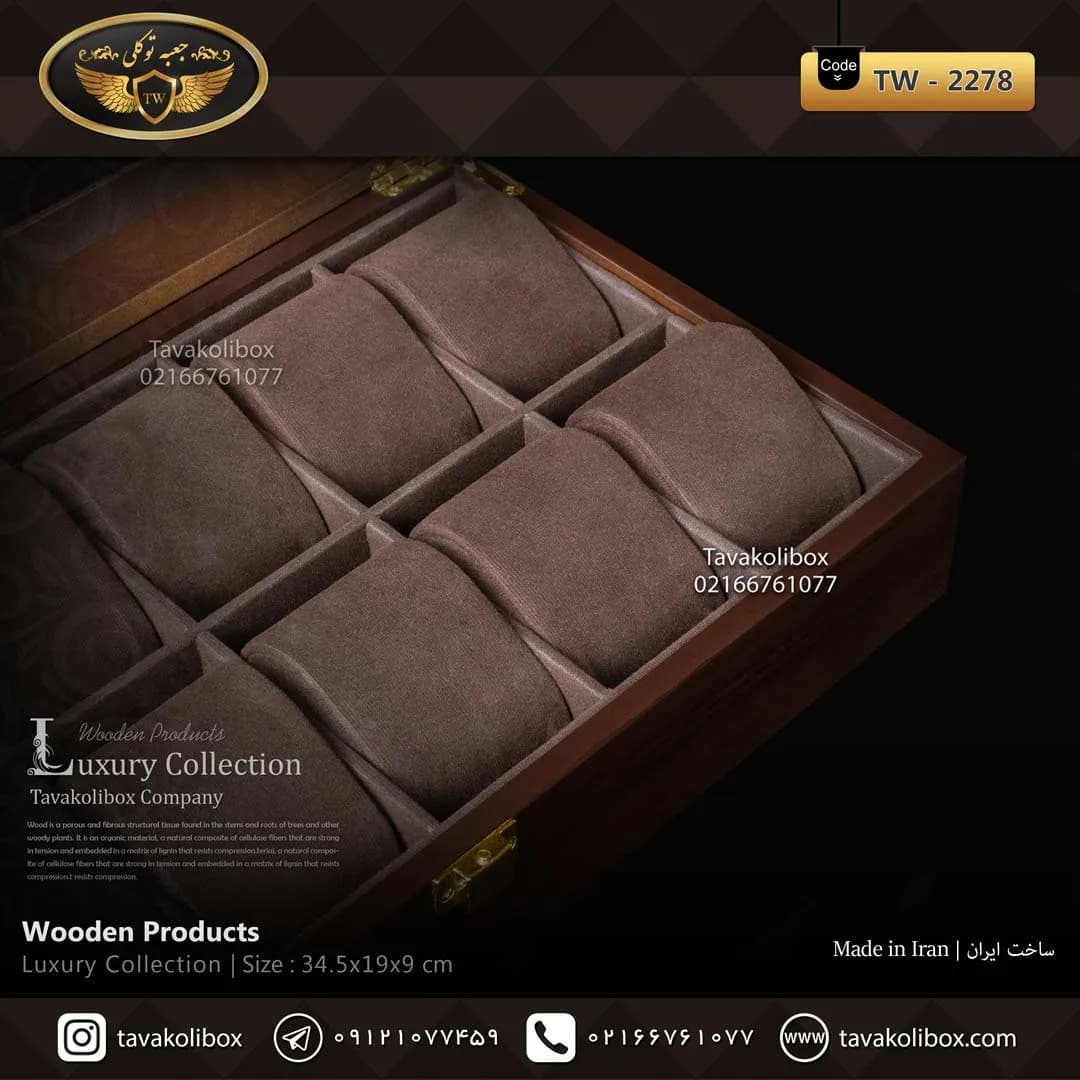 جعبه ساعت 12 خونه لوکس بالشتک لوکس رنگ قهوه ای مدل : TW-2278 — تصویر ۳