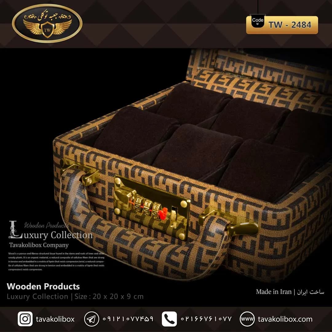 جعبه ساعت 6 خونه سوپرلاکچری درب دار بالشتک لوکس چرم رنگ قهوه ای روشن مدل : TW-2484 — تصویر ۳