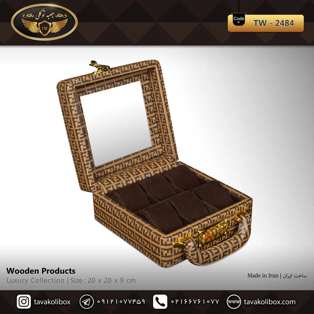 جعبه ساعت 6 خونه سوپرلاکچری درب دار بالشتک لوکس چرم رنگ قهوه ای روشن مدل : TW-2484 — تصویر ۲
