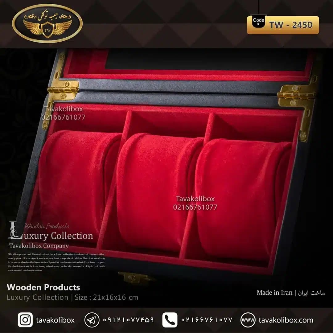 جعبه ساعت 3 خونه اوریب بالشتک لوکس رنگ مشکی مدل : TW-2450 — تصویر ۲