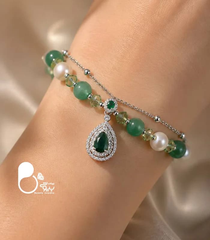 دستبند زنانه سوفیا زمردی سنگی — تصویر ۳