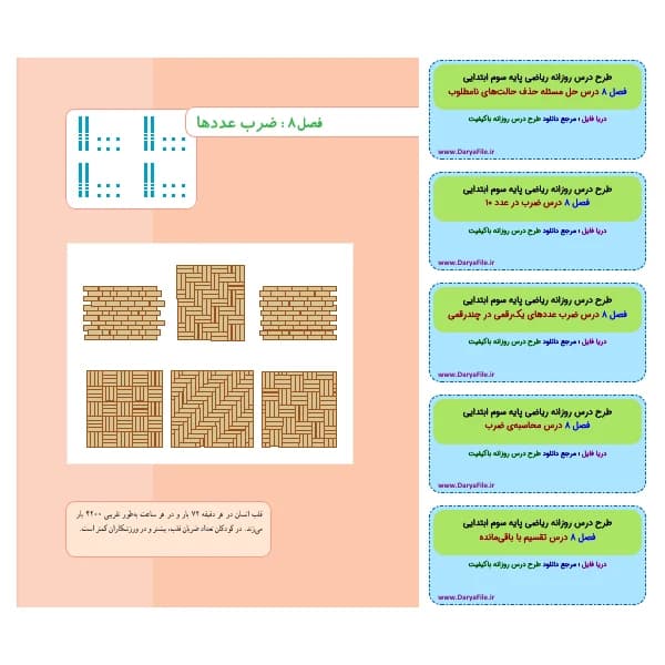 طرح درس روزانه ریاضی سوم ابتدایی فصل 8 ضرب عددها Word و PDF