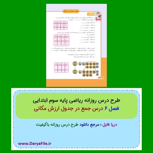 طرح درس روزانه جمع در جدول ارزش مکانی ریاضی سوم ابتدایی Word و PDF