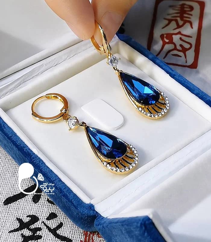 گوشواره زنانه ملودی یاقوت کبود استیل روکش طلا