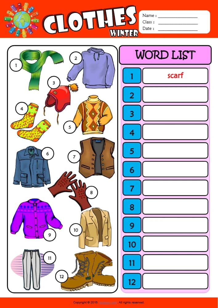 کتاب Winter Clothes ESL Vocabulary Write the Words Worksheet for Kids (کاربرگ نوشتن واژگان لباس های زمستانی برای کودکان) نسخه انگلیسی PDF