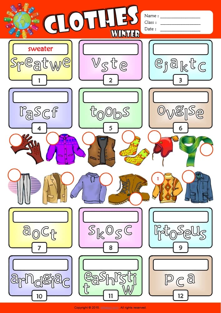کتاب Winter Clothes ESL Vocabulary Unscramble the Words Worksheet for Kids (کاربرگ مرتب سازی حروف واژگان لباس های زمستانی برای کودکان) نسخه انگلیسی PDF