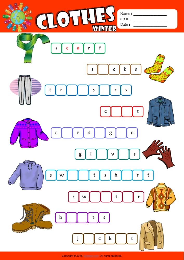 کتاب Winter Clothes ESL Vocabulary Missing Letters in Words Worksheet (کاربرگ تکمیل حروف جا افتاده واژگان لباس های زمستانی) نسخه انگلیسی PDF