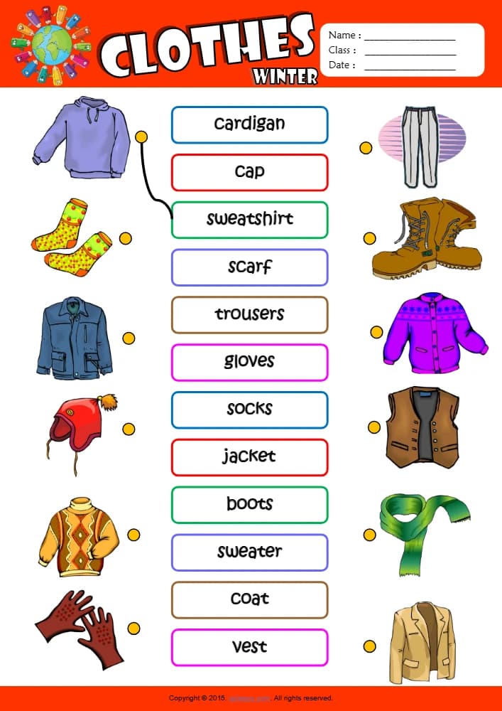 کتاب Winter Clothes ESL Vocabulary Matching Exercise Worksheet for Kids (کاربرگ تمرین تطبیق واژگان لباس های زمستانی برای کودکان) نسخه انگلیسی PDF