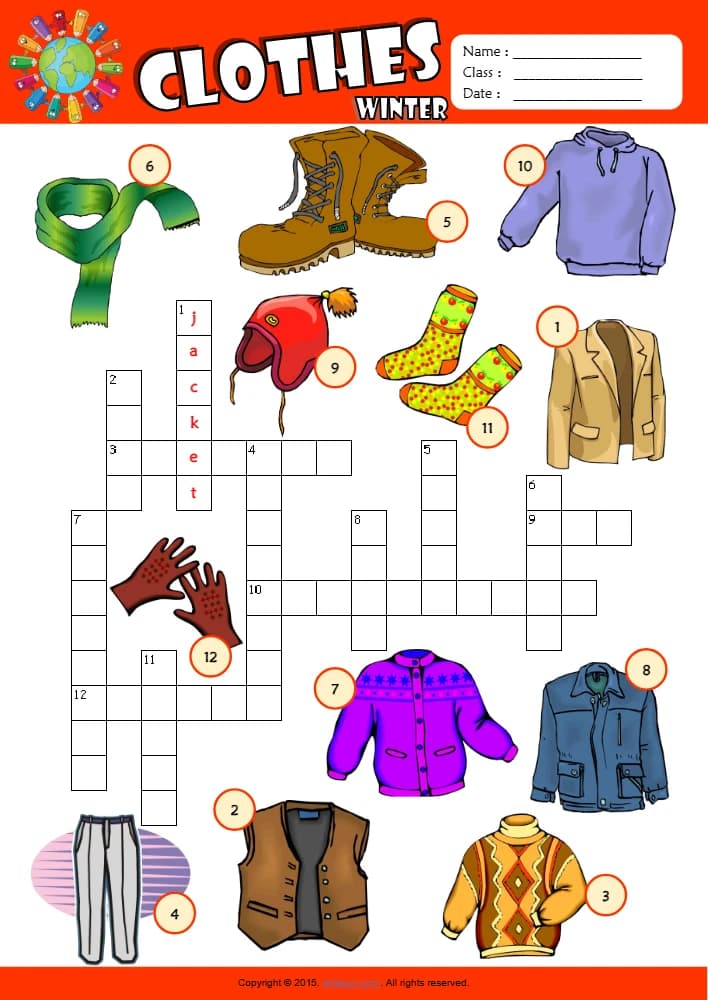 کتاب Winter Clothes ESL Vocabulary Crossword Puzzle Worksheet for Kids (کاربرگ جدول کلمات متقاطع واژگان لباس های زمستانی برای کودکان) نسخه انگلیسی PDF