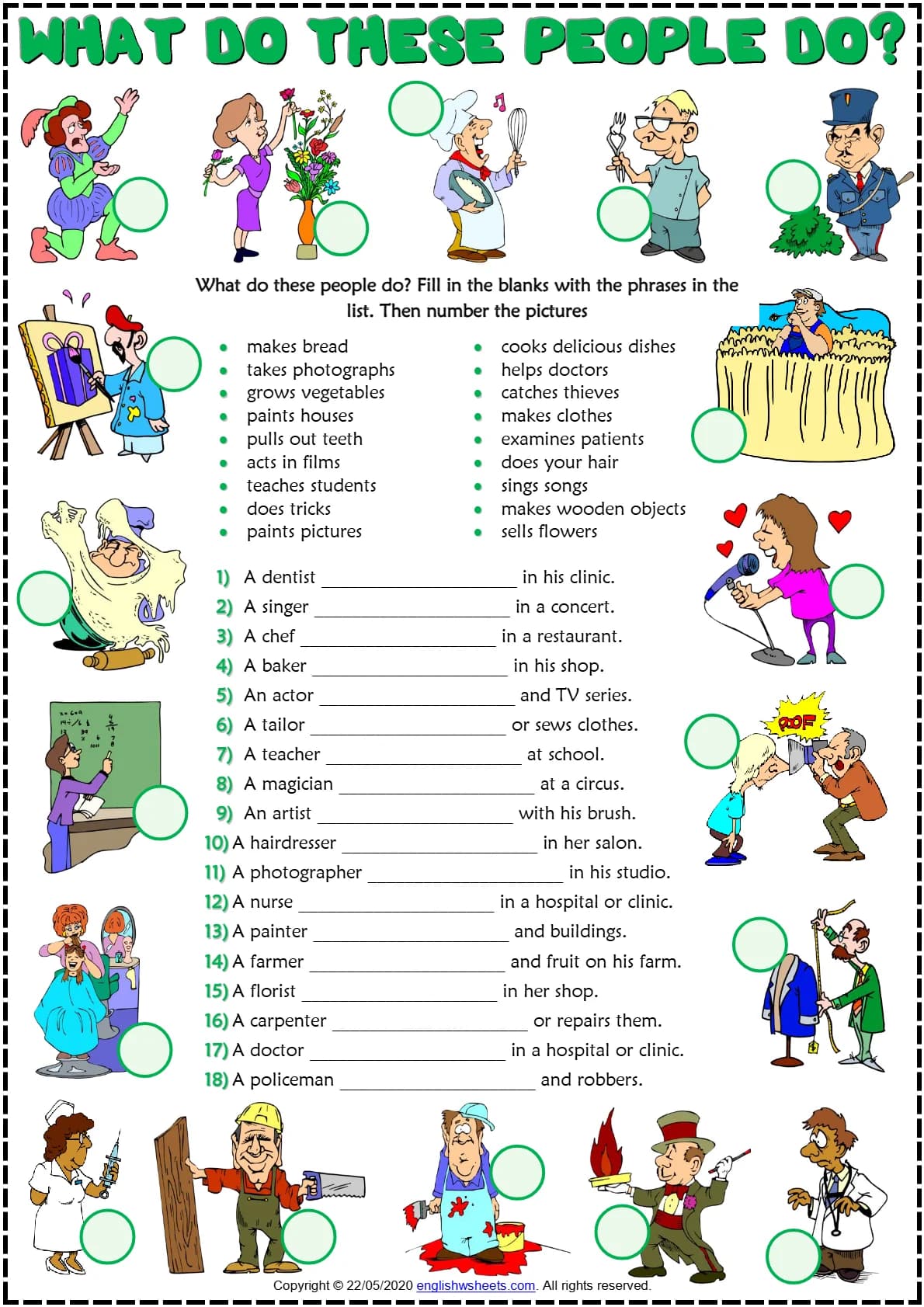کتاب Present Simple Tense with Jobs ESL Printable Gap Fill Exercise Worksheet (کاربرگ تکمیل جای خالی زمان حال ساده با موضوع مشاغل) نسخه انگلیسی PDF