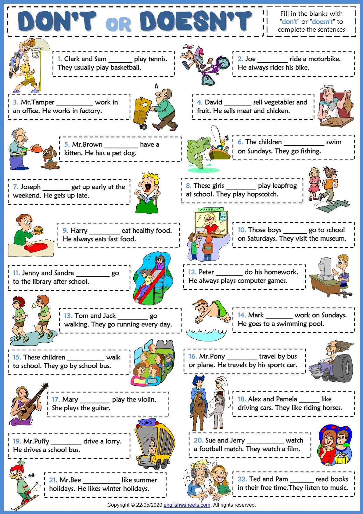 کتاب Present Simple Don’t or Doesn’t ESL Printable Gap Fill Exercise Worksheet (کاربرگ تمرین Don’t یا Doesn’t در زمان حال ساده) نسخه انگلیسی PDF