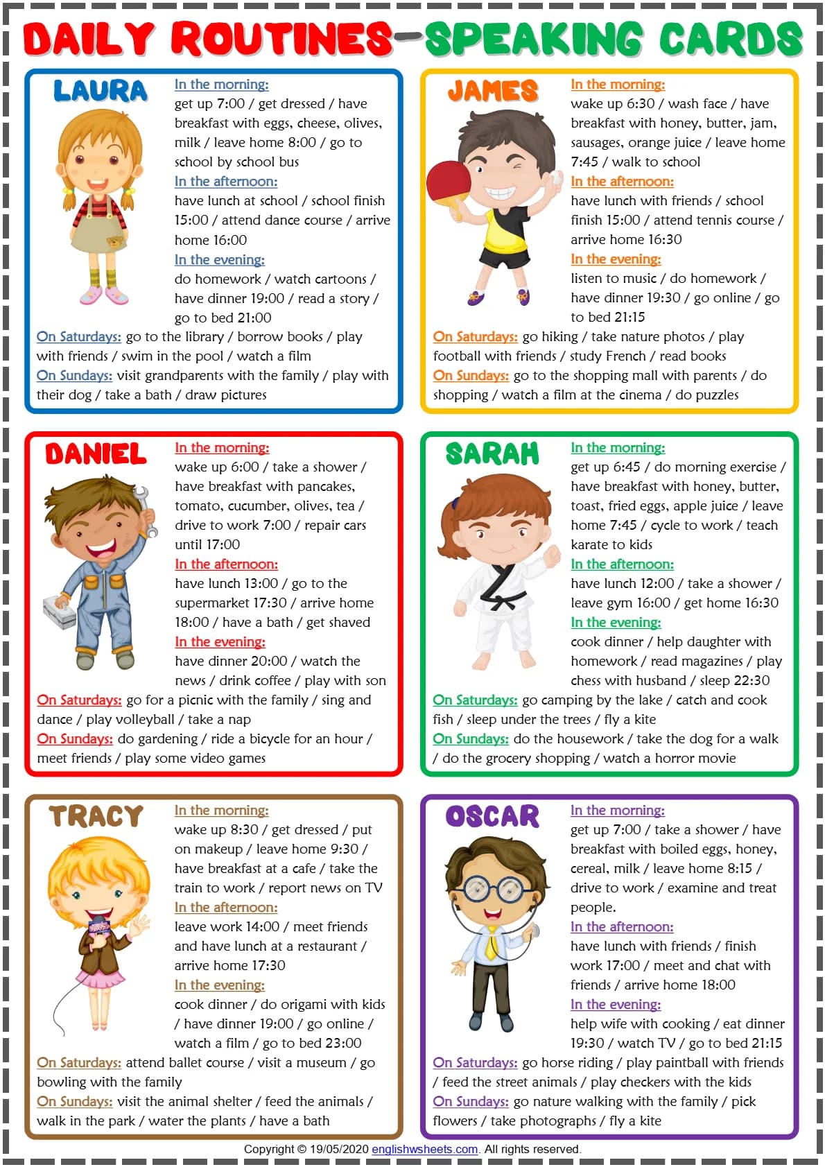 کتاب Present Simple Daily Routines ESL Printable Speaking Cards Worksheet (کارت های مکالمه فعالیت های روزمره در زمان حال ساده) نسخه انگلیسی PDF