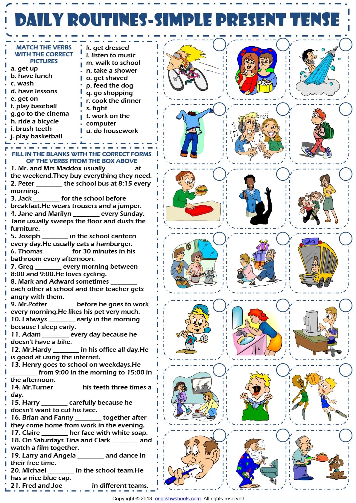 کتاب Present Simple Daily Routines ESL Printable Gap Fill Exercise Worksheet (کاربرگ تکمیل جای خالی فعالیت های روزمره در زمان حال ساده) نسخه انگلیسی PDF