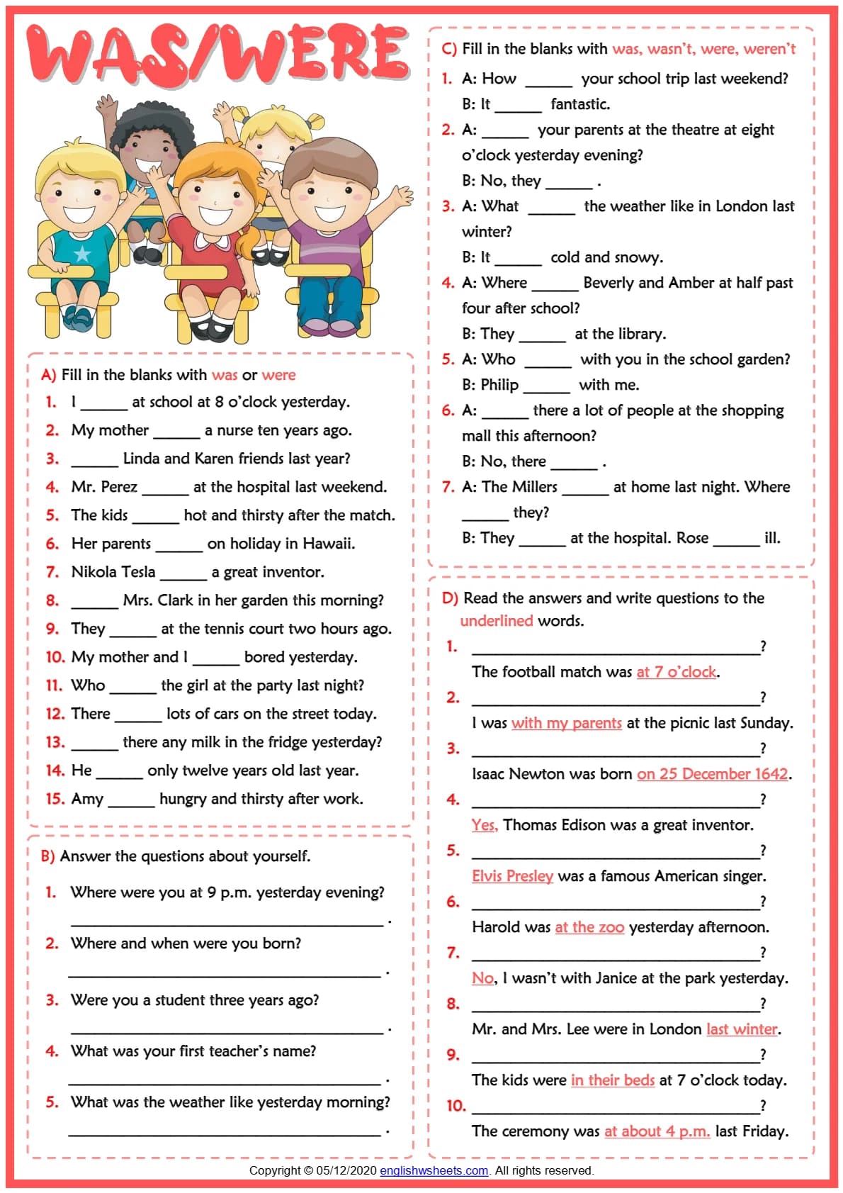 کتاب Past Simple Tense: Was/Were ESL Printable Grammar Test Worksheet (کاربرگ آزمون گرامر Was/Were در زمان گذشته ساده) نسخه انگلیسی PDF