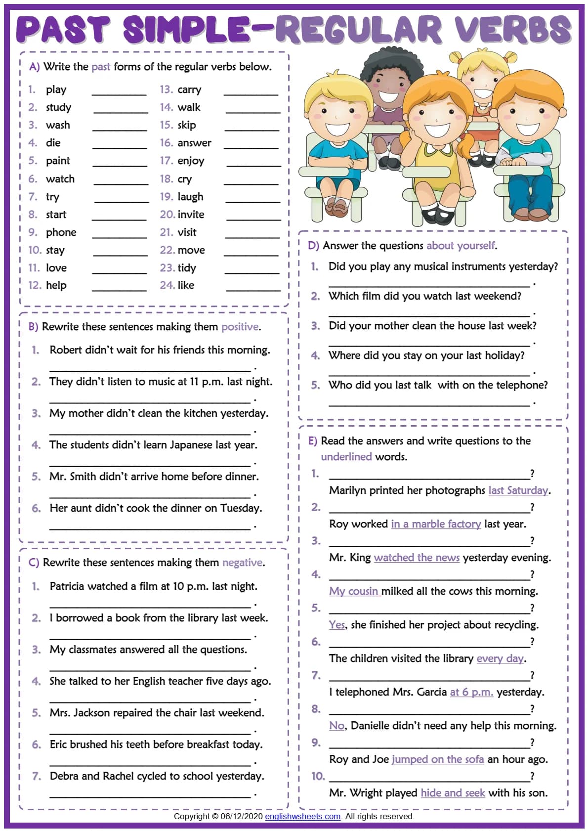 کتاب Past Simple Tense: Regular Verbs ESL Printable Grammar Test Worksheet (کاربرگ آزمون گرامر افعال باقاعده در زمان گذشته ساده) نسخه انگلیسی PDF