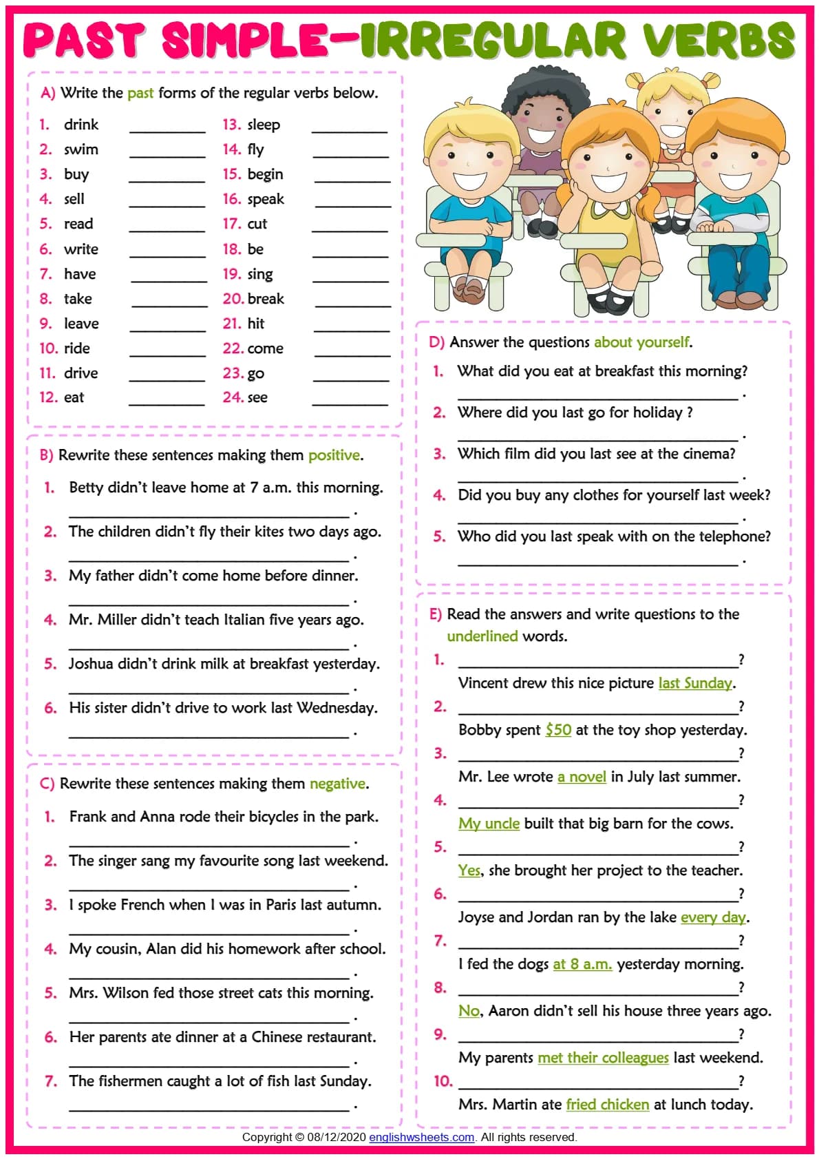 کاربرگ آزمون گرامر افعال بی قاعده در زمان گذشته ساده Past Simple Tense: Irregular Verbs ESL Printable Grammar Test Worksheet نسخه انگلیسی PDF