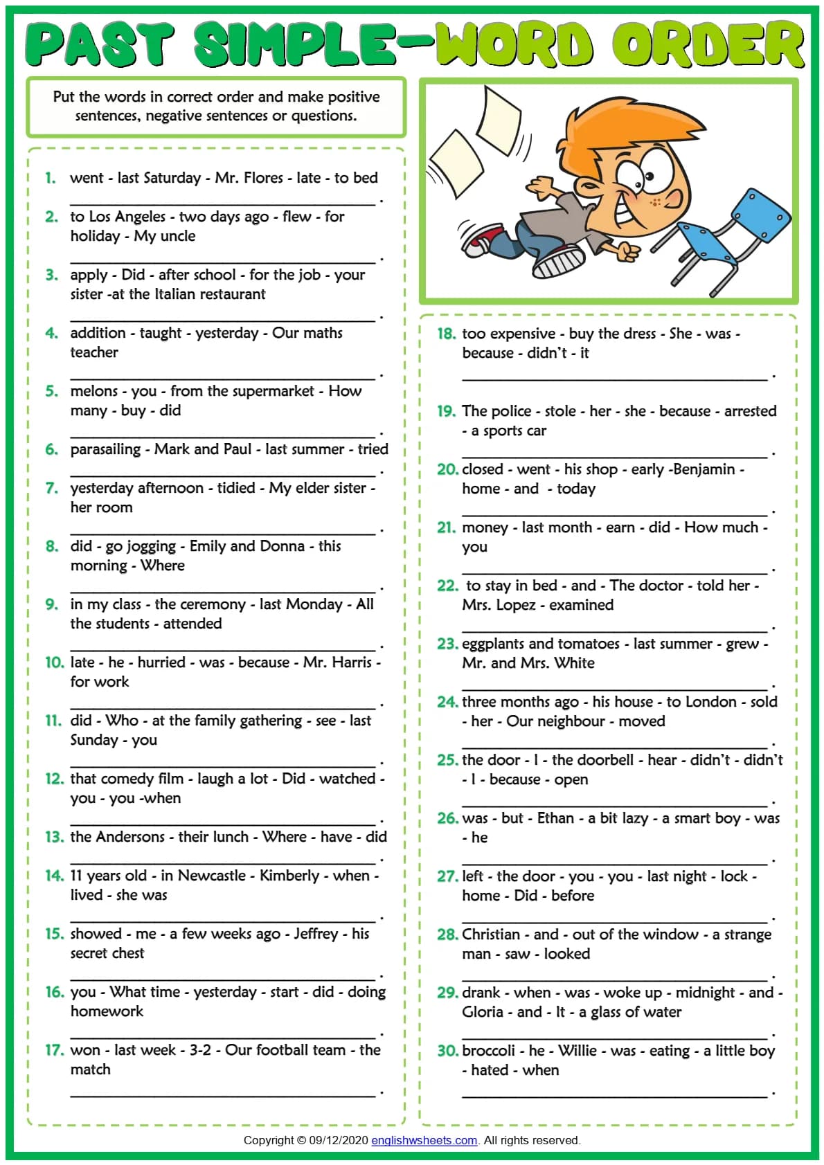 کاربرگ تمرین ترتیب کلمات زمان گذشته ساده Past Simple Tense ESL Printable Word Order Exercise Worksheet نسخه انگلیسی PDF