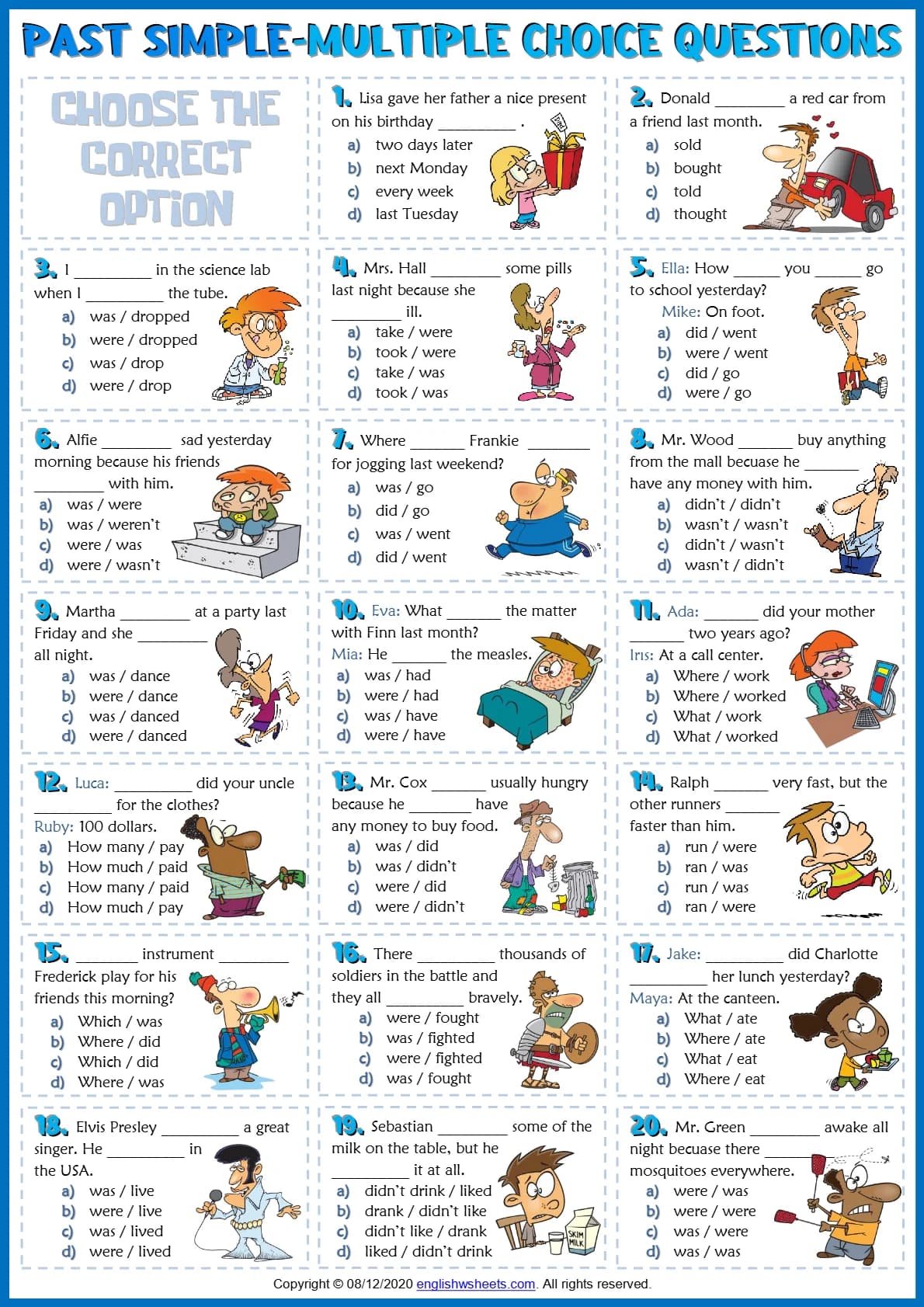 کاربرگ سوالات چند گزینه ای زمان گذشته ساده Past Simple ESL Printable Multiple Choice Questions Worksheet نسخه انگلیسی PDF