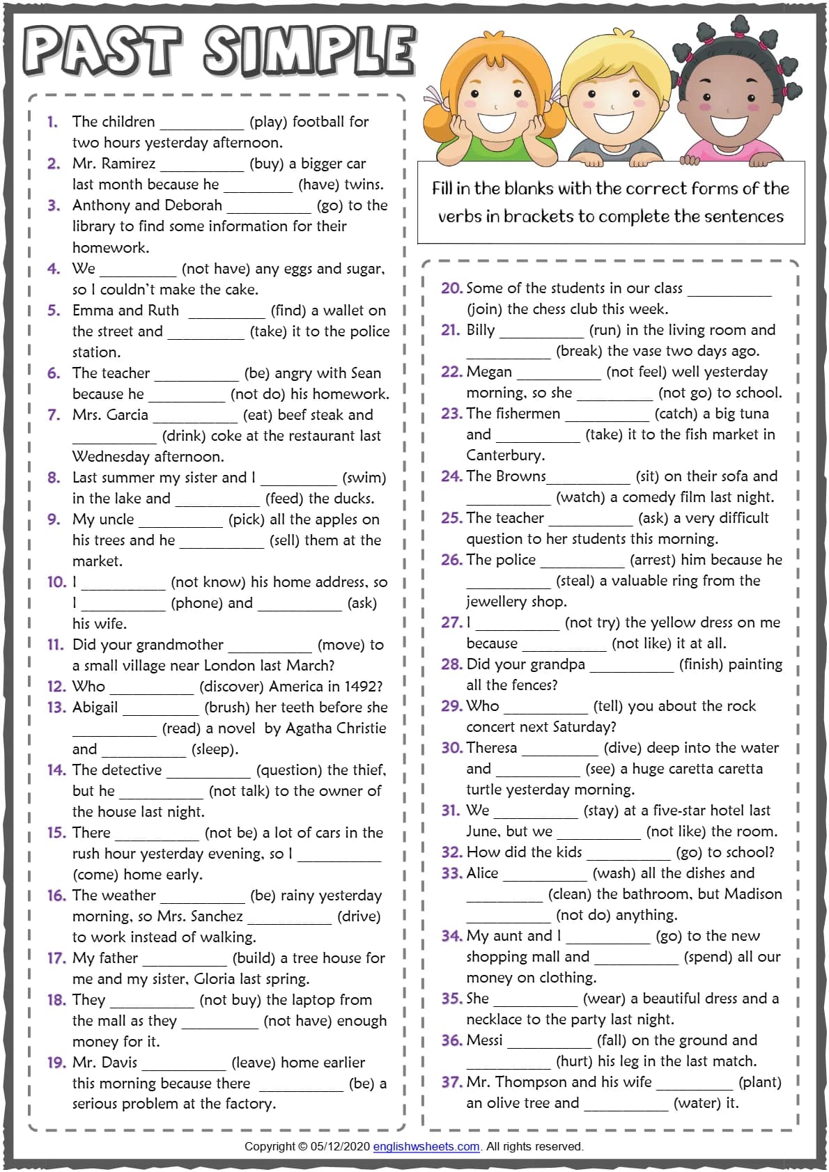 کتاب Past Simple Tense ESL Printable Gap Fill Exercise Worksheet (کاربرگ تکمیل جای خالی زمان گذشته ساده) نسخه انگلیسی PDF