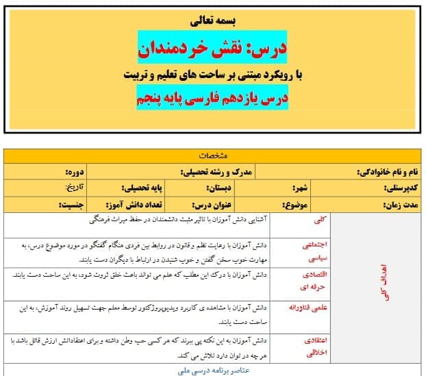 طرح درس تمام ساحتی ملی نام نقش خردمندان فارسی پنجم — تصویر ۳