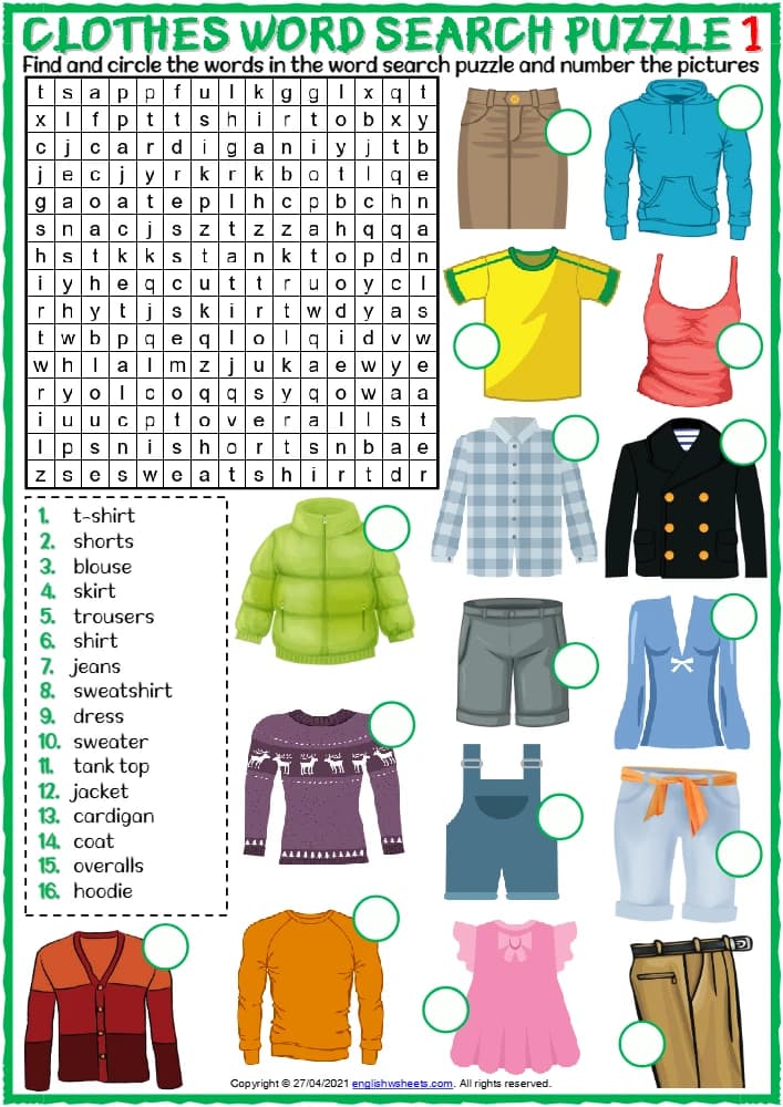 کتاب Clothes Vocabulary ESL Word Search Puzzle Worksheets for Kids (کاربرگ جستجوی کلمات واژگان لباس ها برای کودکان) نسخه انگلیسی PDF