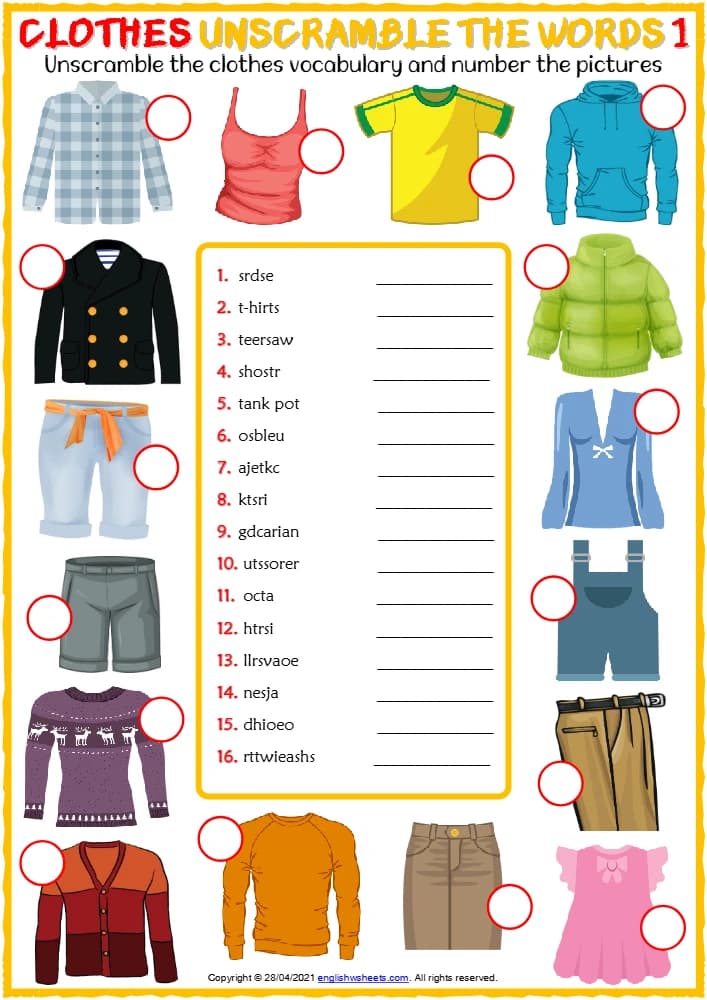 کتاب Clothes Vocabulary ESL Unscramble the Words Worksheets for Kids (کاربرگ مرتب سازی حروف واژگان لباس ها برای کودکان) نسخه انگلیسی PDF