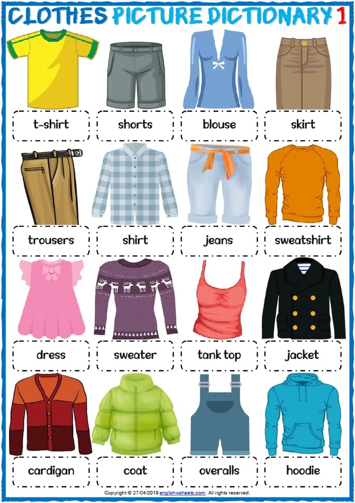 کتاب Clothes Vocabulary ESL Picture Dictionary Worksheets for Kids (کاربرگ فرهنگ تصویری واژگان لباس ها برای کودکان) نسخه انگلیسی PDF