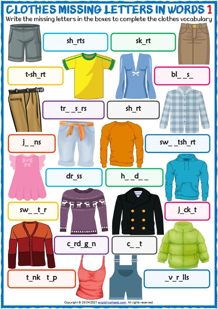 کتاب Clothes Vocabulary ESL Missing Letters in Words Worksheets for Kids (کاربرگ تکمیل حروف جا افتاده واژگان لباس ها برای کودکان) نسخه انگلیسی PDF
